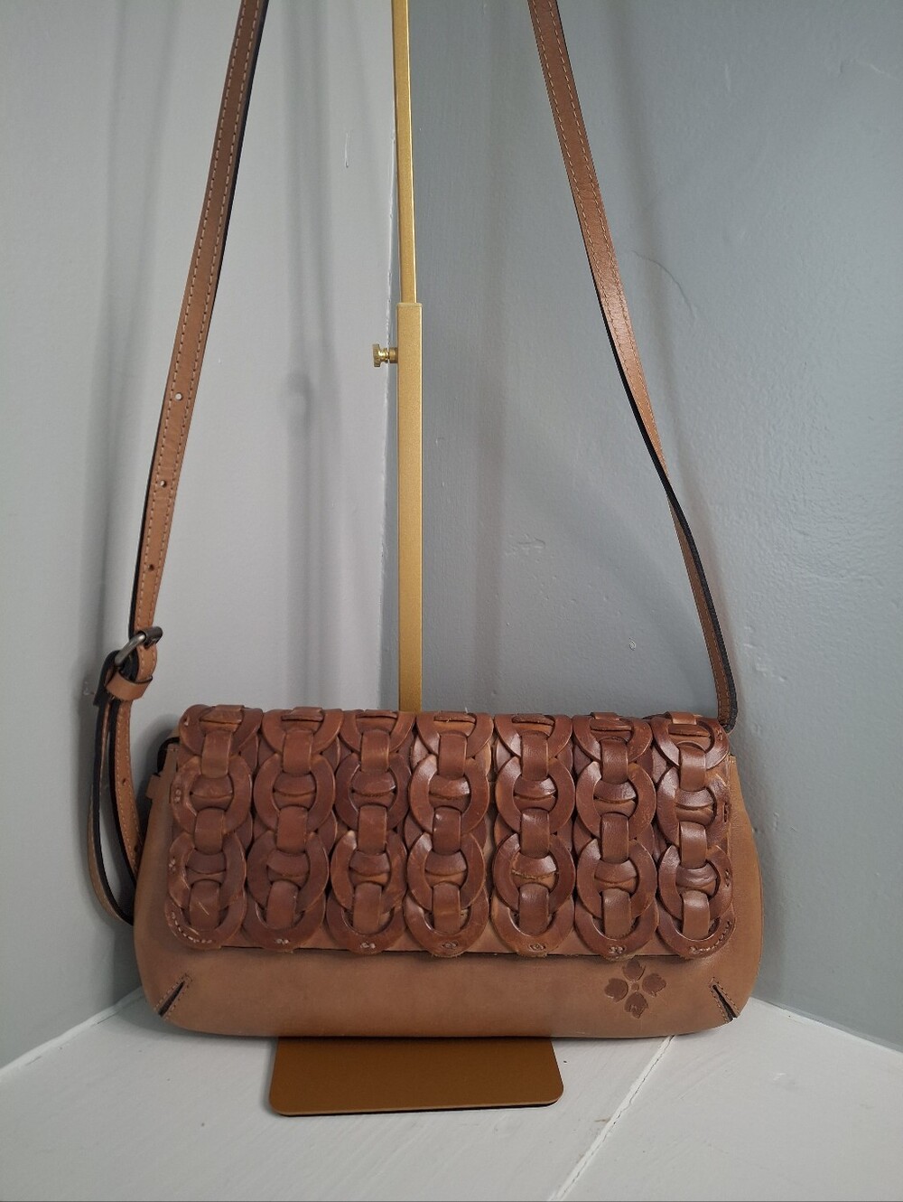 Patricia Nash Pisticci Chainlink Leather Crossbody Bag Cognac Boho Flap EUC